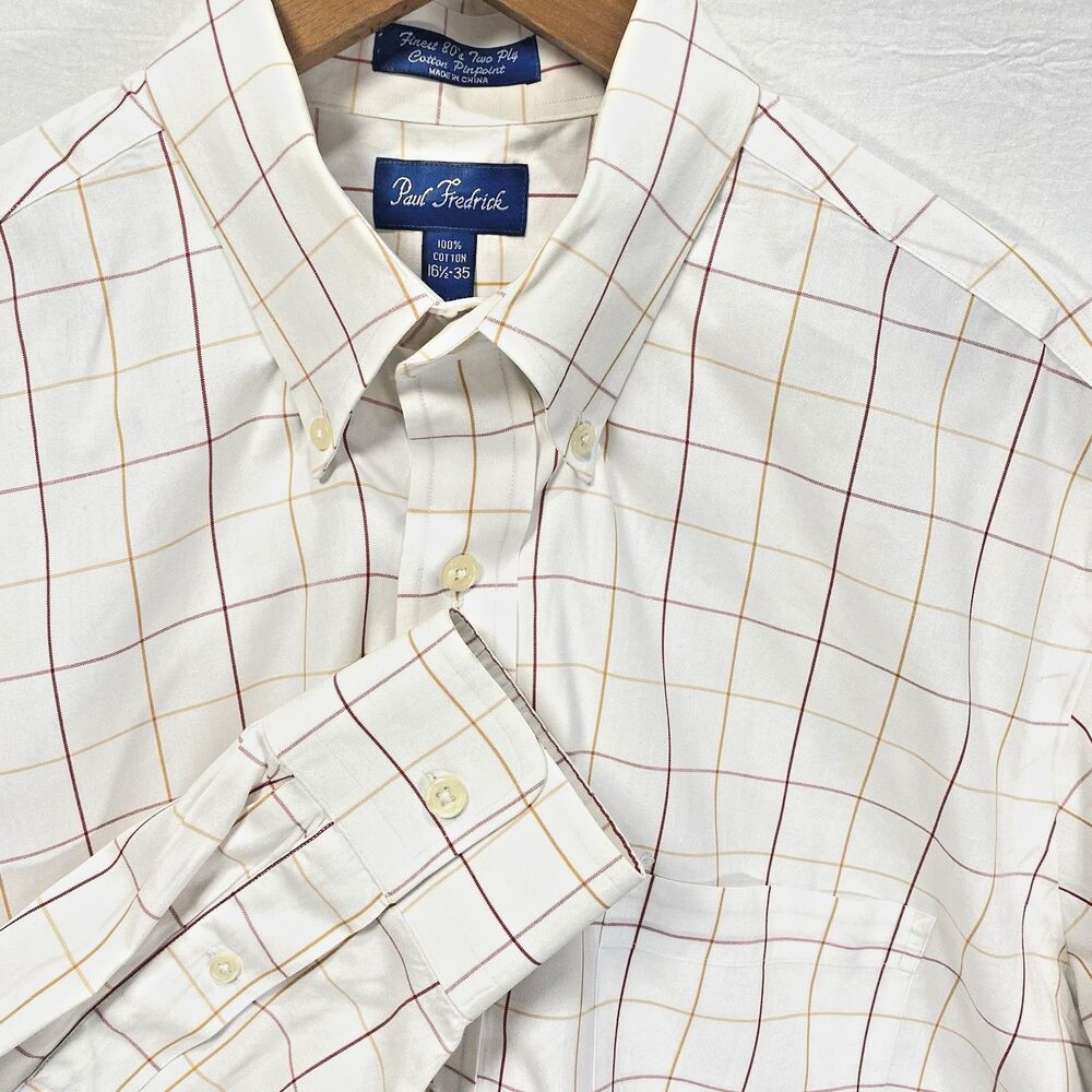 Paul Fredrick 2-Ply Cotton Button Down Shirt Windowpane Mens 16.5 35 White